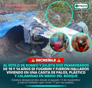 Al estilo Romeo y Julieta dos enamorados de 10 y 14 años fugaron fueron hallados en una capital de palos, plástico y calaminas en medio del bosque